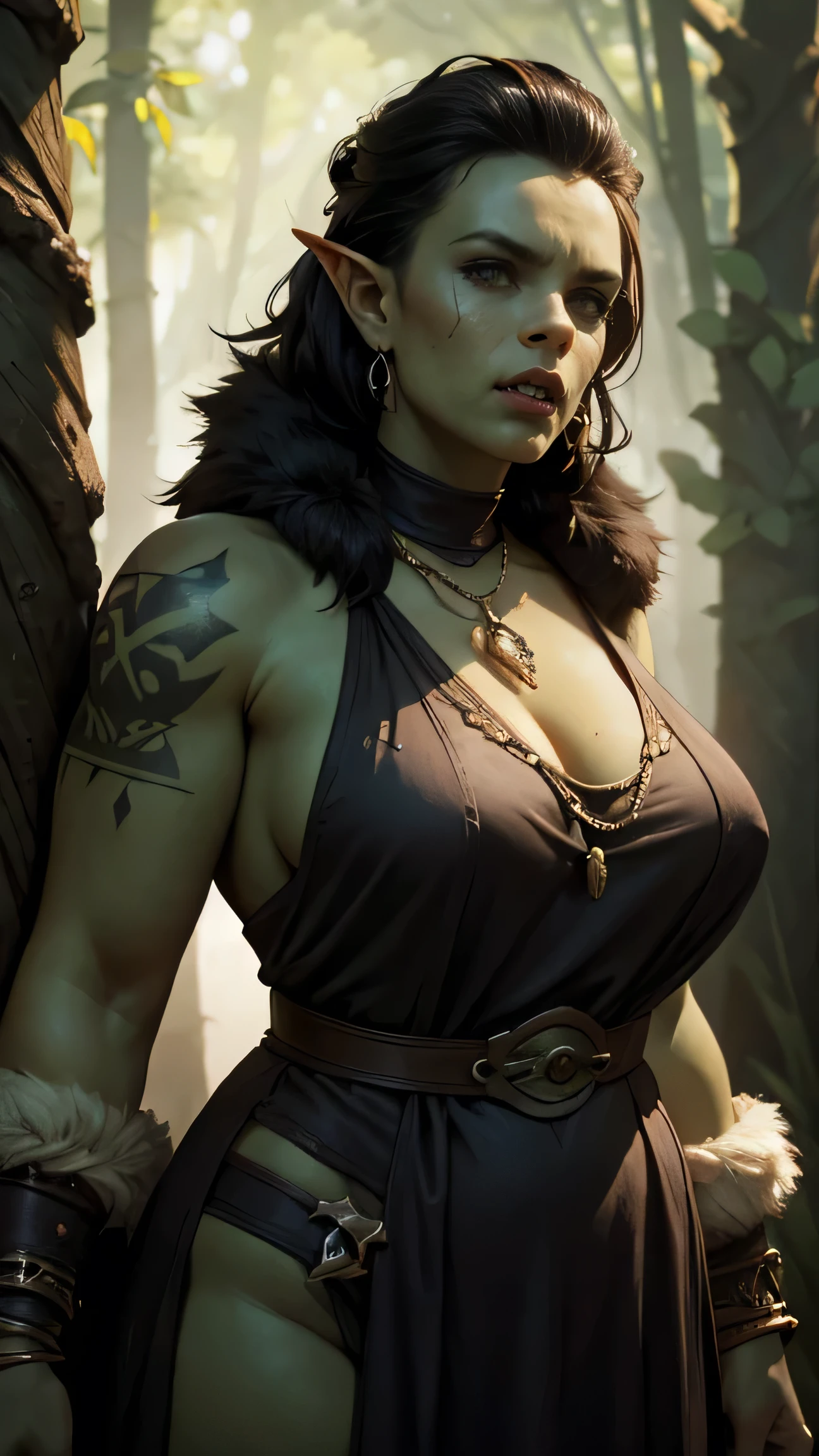 Young orc woman, big fangs, female orc, (green skin) , peaceful expression, dirty clothes and hair, wool and fur clothes, (wearing dirty linen dress), bone jewelry, forest background, natural lighting, tribal tattoos, big body, highly detailed, 4k, photorealistic, dramatic lighting, cinematic, fantasy art, ultra high quality, sharp Focus, orczor