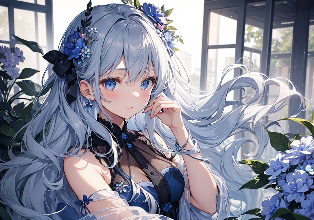 (masterpiece、Ultra high definition、16K 、High quality illustrations)、One Beautiful Woman、nine-headed body、(very small head:2)、(Large Breasts:2)、(Short torso)、Long legs、Silky white hair、(Beautiful Blue Eyes:2)、Straight Long Hair、(Black lace see-through dress:2)、(Slits up to the waist:2)、(Nipples visible through the dress:2)、blush、(Soirée in the castle:2)