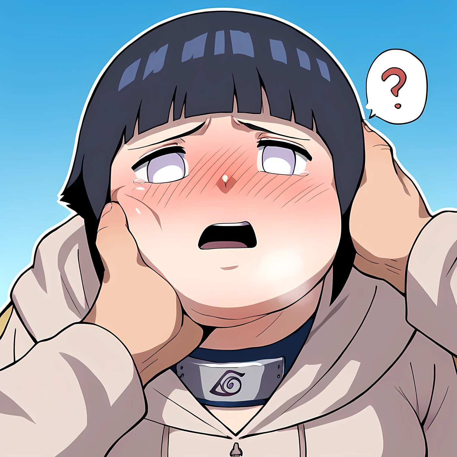 score_9, score_8_up, score_7_up, score_6_up, score_5_up, score_4_up, BREAK, source_anime,
1girl, hyuuga hinata, short hair, black hair, no pupils, blunt bangs, shiny hair, white eyes, hoodie, hood down, long sleeves, capri pants, 
 blue sky, meadow fat, chubby, obese, open mouth, out of breath, absurdres, highres icon, rating:General, confused, blush, spoken question mark, {flustered}, nervous sweating, portrait, pov hands, hand on another's cheek, averting eyes, [looking away], straight-on, from above, swollen face, upper body,
 