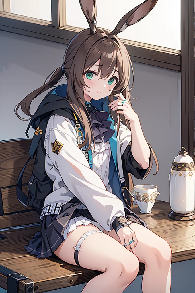  Arknights _Amiya、8k、 best quality, masterpiece,  high definition , Alone, One middle school girl、gossiper, Brown Hair, Green Eyes, (( miniskirt))、Full body painting、 black knee high 、smile、 in the room、 sitting on a chair、table、( drinking black tea in a teacup:1.2)、 facing the front、(White panties are visible from under the skirt:1.5)