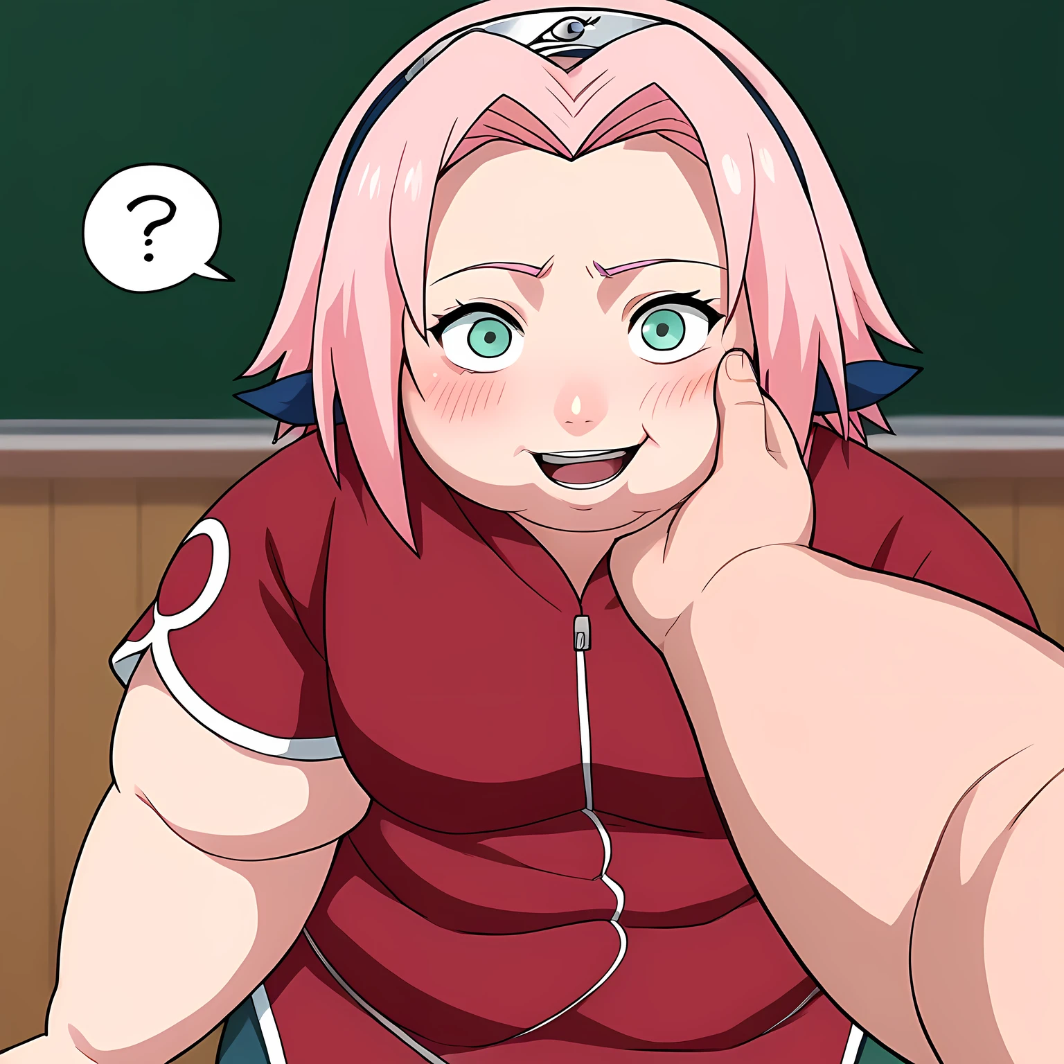 score_9, score_8_up,source_anime,
1girl, haruno sakura, pink hair, short hair, green eyes, red shirt, red qipao, short sleeves, bike shorts,
smile, blush, solo, looking at viewer, standing, , classroom background, anime screencap, anime coloring   fat, chubby, obese, open mouth, out of breath, absurdres, highres icon, rating:General, confused, blush, spoken question mark, {flustered}, nervous sweating, portrait, pov hands, hand on another's cheek, averting eyes, [looking away], straight-on, from above, swollen face, upper body,