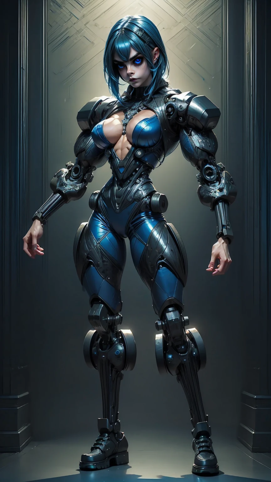 (1 girl), (Cara delevingne:1.25), beautiful teenage muscular goth cyborg girl, nude, (black sclera:1.25), (blue glowing eyes:1.25), (blue glowing body veins:1.25),(((muscular female bodybuilder physique:1.45))), ((((extreme muscular hypertrophy:1.25)))), (flat muscular pecs:1.25), (Cyborg exosuit:1.5), ((skinny thin legs:0.75), (blue glowing hair:1.25),(beautiful girl face:1.25), bimbo lips, blank background, gothic neon style, cyber punk style, full body shot