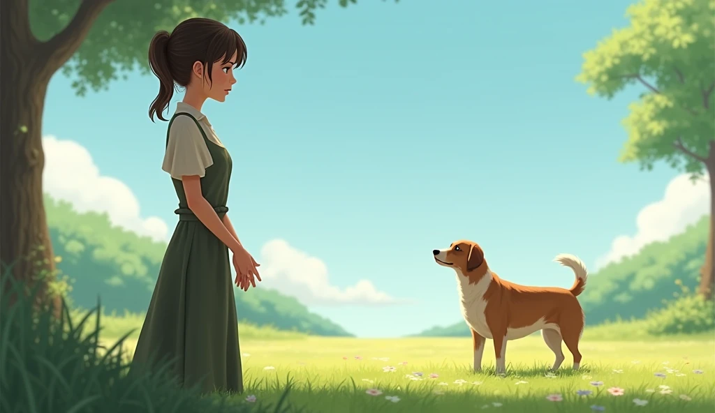 woman looking at dog from afar