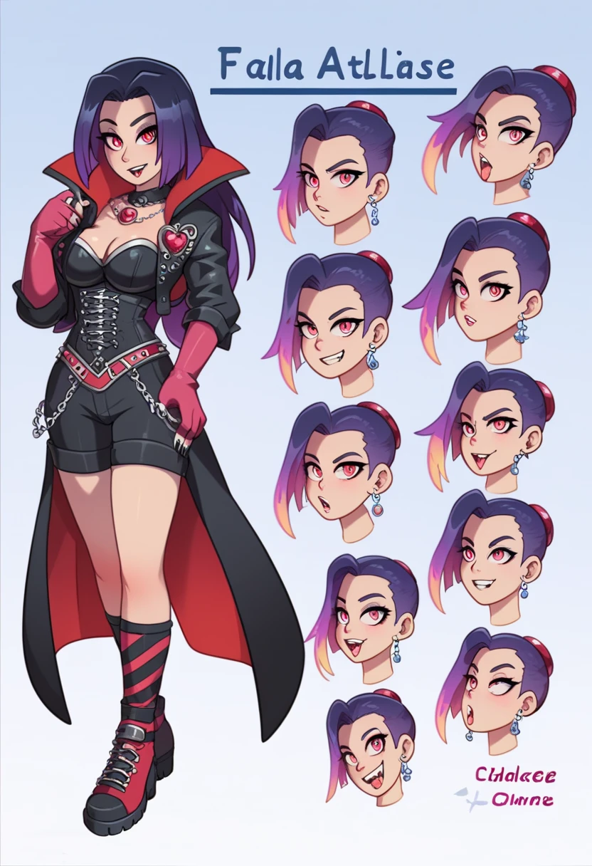 ( full body )( masterpiece,  Best Quality ), ( Character design sheet , forehead,), " A vampire woman with a dazzling and fearsome look ,  inspired by Jade's transformation in Dragon Quest XI .  Her skin is pale but luminous ,  contrasting with his fiery eyes that seem to mesmerize at a single glance .  She wears a tight and revealing outfit that combines shades of black and red ,  adorned with gothic details and a design that evokes power and seduction . His black cape , lined in intense red ,  flows dramatically behind her ,  highlighting her athletic and graceful figure .  He has long gloves and sharp nails that reflect his dangerous nature ,  and her dark hair is collected in an elegant but wild style ,  letting some locks fall freely to frame his perfect face . Around you,  an atmosphere of darkness and mystery is mixed with an aura of strength and charisma,  making her look like both a queen and a night jacket . in the background,  a Gothic castle with a sky illuminated by the full moon completes the scene ."