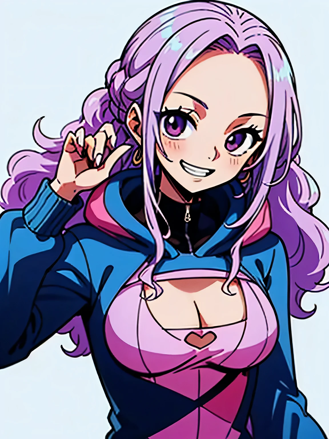 looking at viewer,Alone,upperbody,YOU LIVE,pastel purple curly wavy long hair,big fore head,whte hoodie,hoodie front opening 、(open jacket cleavage cutout,sexy very small breast)、( idol costume)、 ruffle mini skirt、,Sexy Model Pose,grin,white simple background、,(manga style),(sketch),(illustration),