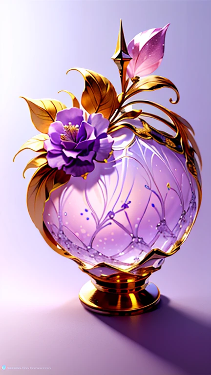  beautiful perfume bottle　 greatest masterpiece　 High Quality 　High Precision　 purple silhouette 、　White background、Gold flowers are scattered　、Bright lighting　container design 、 delicate design 　A masterpiece 