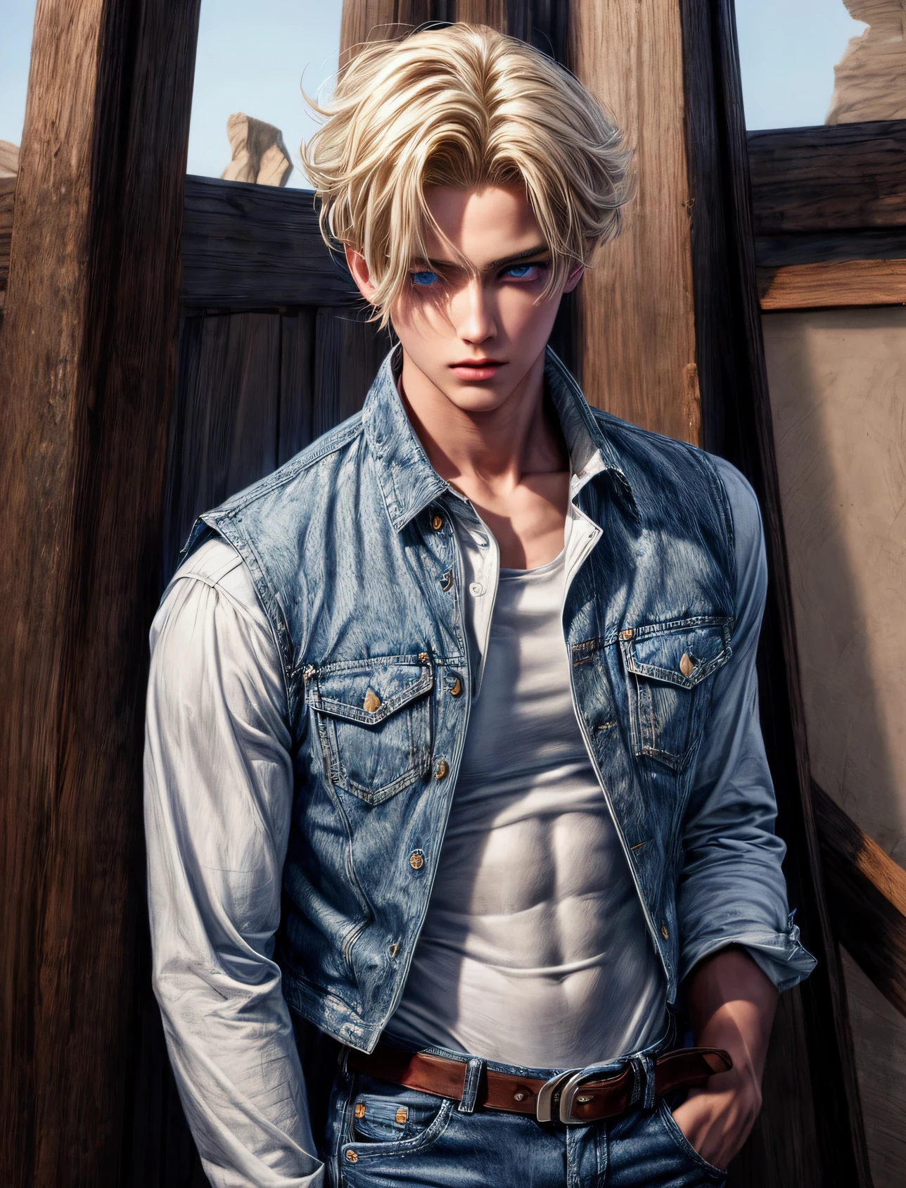 Boy with blue eyes, small waist, flat abdomen, platinum-colored medium-length hair, cute, looking 17 or 18 years old, and dressed in super casual clothes, with a jacket and necklace