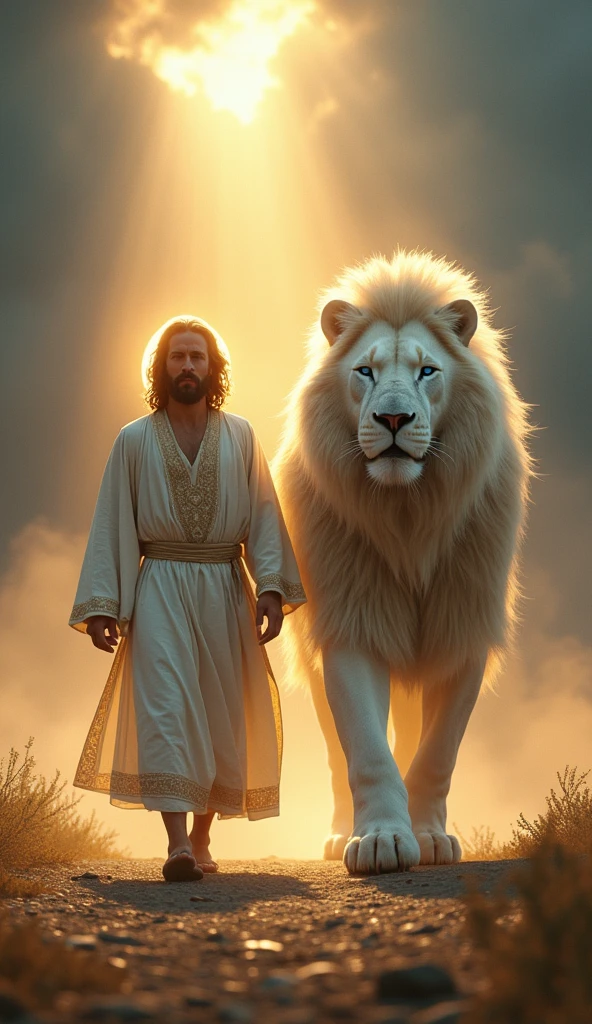 "Generate a hyper-realistic, cinematic 9:16 image depicting a tall, muscular Jesus Christ walking alongside a colossal white lion. Jesus exudes divine strength and wisdom, with a well-defined, powerful physique, a neatly trimmed beard, and flowing dark blonde hair. His intense blue eyes convey calm authority, complemented by a radiant golden halo that softly illuminates his figure. He wears a long, traditional white tunic with intricate golden embroidery, its flowing design emphasizing grace and timeless spirituality.

The lion is immense and majestic, with shimmering white fur, a voluminous mane, and glowing blue eyes that match Jesus' gaze. Its elongated fangs and confident stride embody both protection and primal power, walking in harmony with Jesus.

The setting is a dramatic, celestial landscape under dark storm clouds. Shafts of golden light break through the heavens, illuminating the duo and casting their reflections on a misty, glowing path. Ethereal embers of divine light hover in the air, adding depth and a sense of otherworldly power to the scene.

Rendered in 18K Full HD, 24-bit Full Color, with HDR (0.9), hyper-detailed textures, and volumetric lighting, every strand of hair, fur, and fabric is intricately detailed. Shadow play enhances depth and contrast, while glowing auras of gold around Jesus and silver around the lion create a breathtaking, unifying display of divine power and harmony."