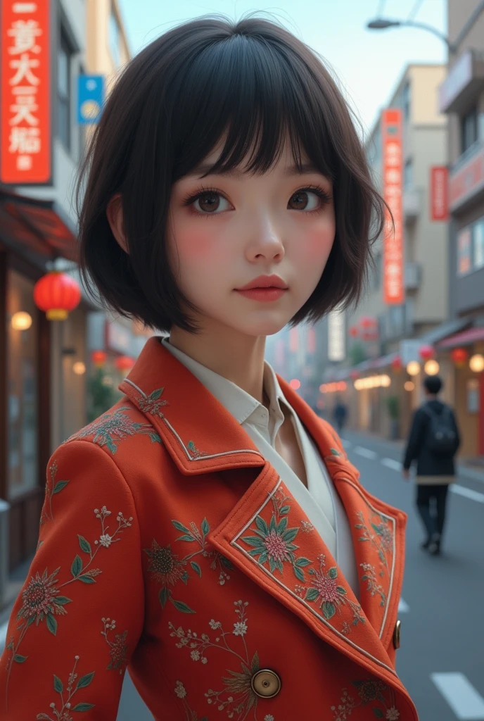 masterpiece, best image , black hair, blue eyes, looking up, upper body, fine face, stiff stance, very detailed Japan city roof night view background, night view, standing with rooftop railing, overlooking the city, with PARCO sign of the next building, (red open jacket, shirt, red skirt, red tie, Christian Louboutin \(brand), , shading, light awn, Watercolor style, 1 girl surrounded by night view on the rooftop of a building, pointed small, ultra high definition face, detailed eyes, random hairstyle short hair, (8K, RAW, professional, best quality, masterpiece: 1.2), (realistic, photorealistic: 1.37), super detail, (portrait), (highest detail skin: 1.2), (best detail face: 1.2), Cinematic Lighting