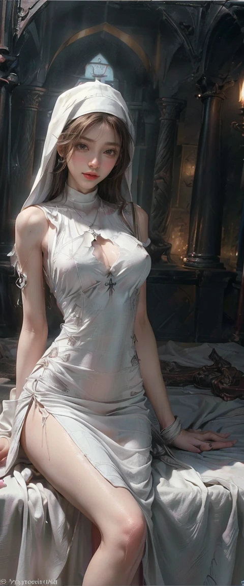 1 girl, beautiful Hooded dress, long silky hair, golden hair, High Resolution, small round Breasts, breast gap, Blush, Earrings, Blue eyes, complex detailed eyes, light gray dress with black l crystals, side view, cleavage, long chest opening, side view, side boob, outdoor, sunshine on skib