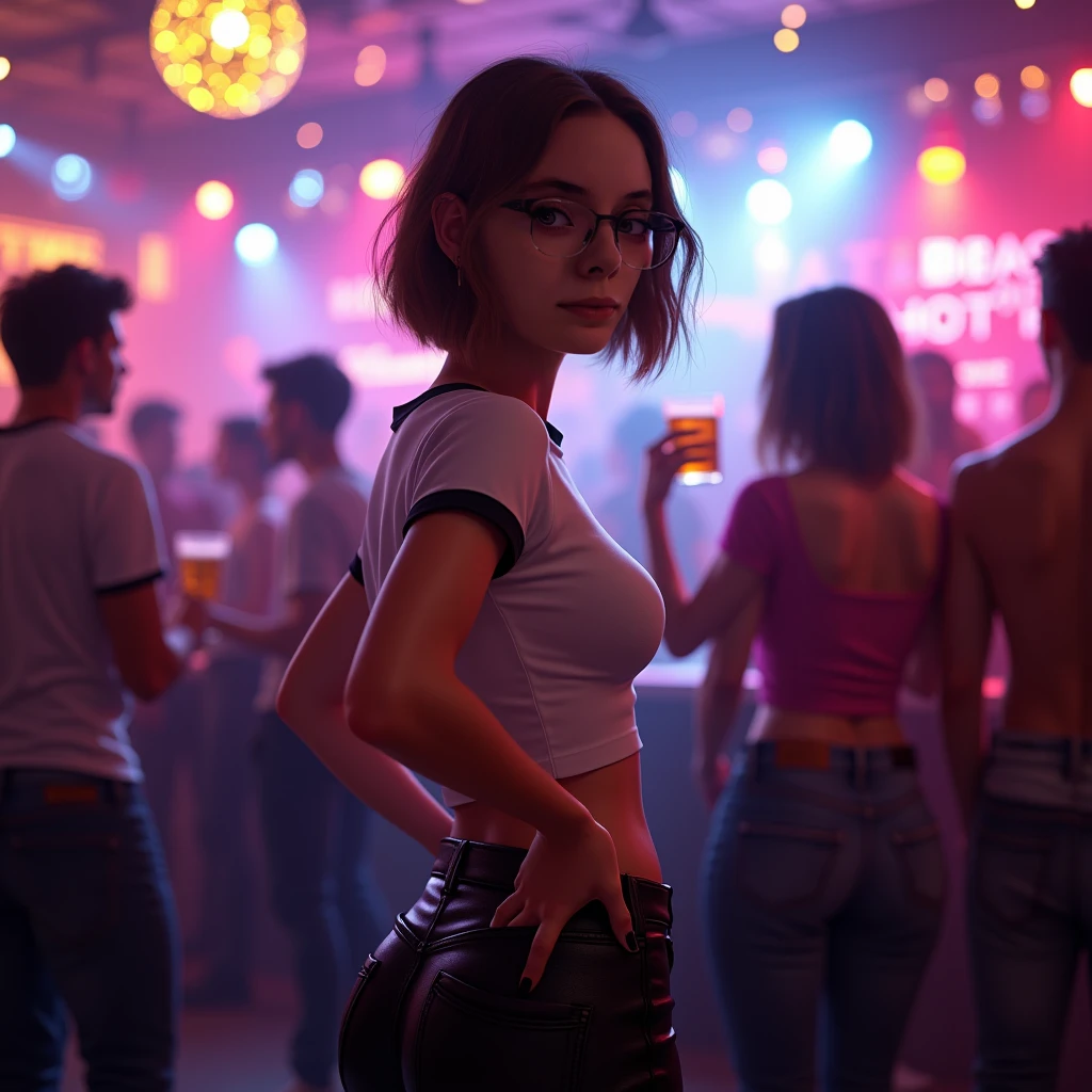 ((1girl)), 50 year old woman, short grey hair, big sad eyes, sweet smile, small breasts, thin hips, choker collar, nude, naked, pubic hair, standing, open door, open window, record store, vinyl, records, evening, nighttime, dramatic lighting, cinematic lighting, masterpiece, best quality