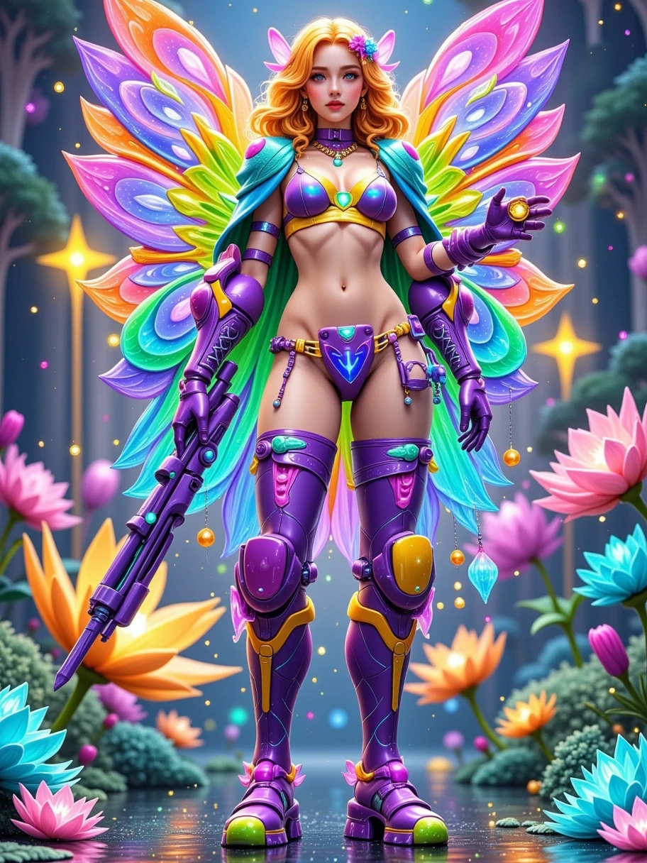  Future Tech Mecha , Flower Fairy, Modeled after a flower ,  Designed as a mecha fighter , whole body覆盖着自然色彩的装甲, , equipped with a basic weapon system , 装甲上刻有Flower Fairy特有的图腾, , as soft as a petal ,  without losing the strength and strength of the mecha ,  The colors are mainly flowers in nature , pink, Purple and green,  The future technology style is reflected in the ecological energy system on its armor, Super fine, 超HD,  high quality, Perfect composition, Vision, whole body,  is brightly colored , HD,  high detail , Fresh color scheme, , bright and bright colors , ((( dopamine color scheme ))), High Saturation,  High Contrast, 8k