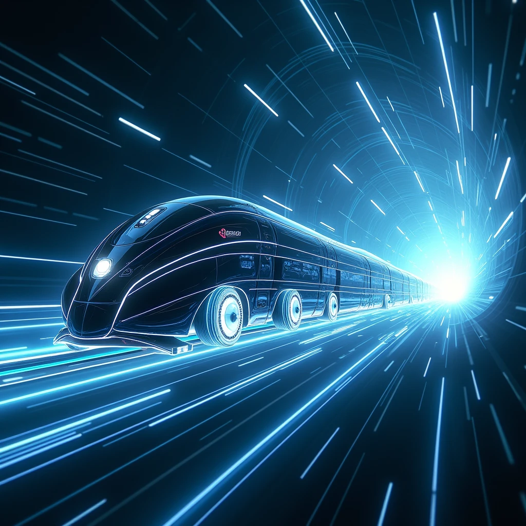 The futuristic design of the space-time train depicts a train traveling through another dimension. The car body has a streamlined silhouette and is made of shiny metallic material. The entire train is decorated with blue-white neon lines and spinning wheels that emit time energy. At the end of the train is a barrier of light that seems to cut through time and space. The train emerges from a whirlpool of time and space.