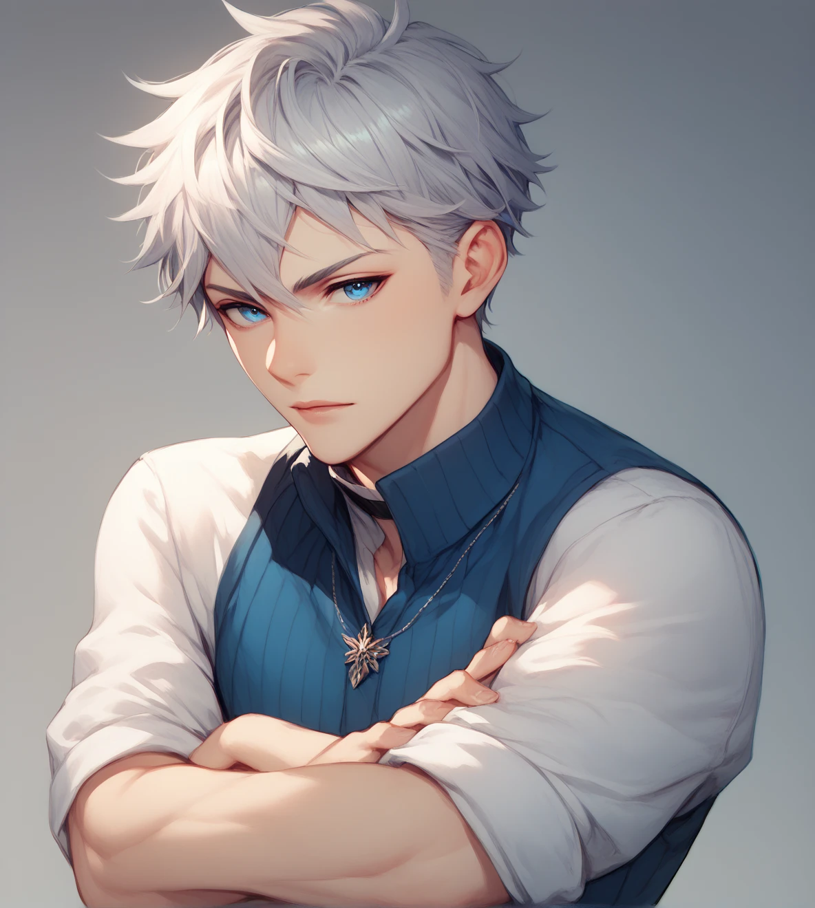 Beautiful boy with crossed arms, silver hair, blue eyes 