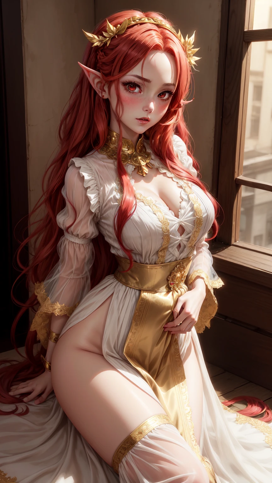 Young (princess), striking figure, long flowing ginger hair, wavy hairs, fair skin, freckles, (kolito), innocent and (regal appearance), expressive green eyes are filled with a mix of curiosity and determination, her slender frame, elegant grace, vibrant orange kimono with white and black decorations, ((very long sleeves)), cleavage, feather headdress, in a medieval tavern