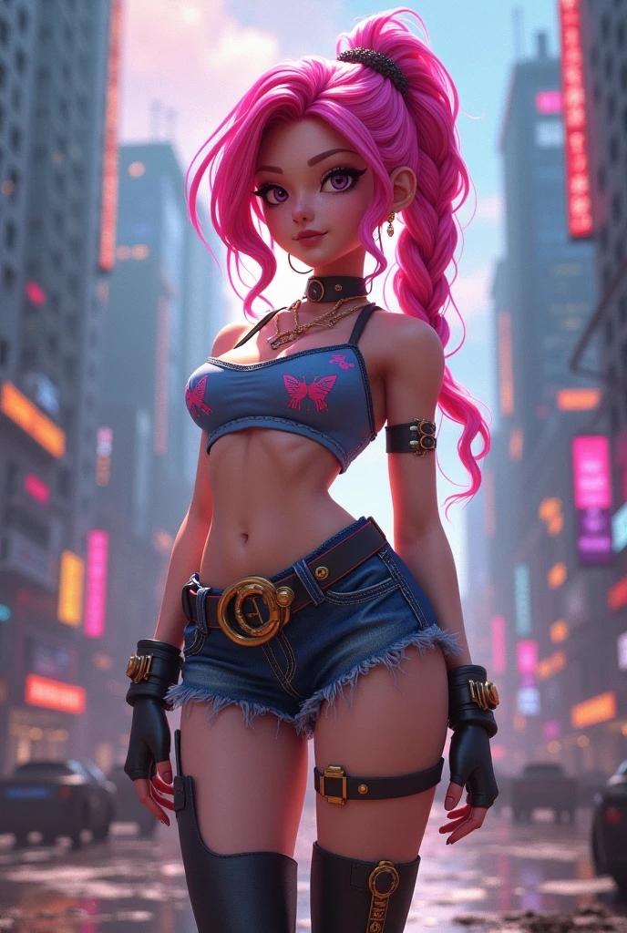 High resolution, better quality , masterpiece , Very high image quality, full coat, hyperrealistic, 3D, animated, summer-themed , fancy, hard rock girl, very beautiful and cute, pink wavy hair, side braid, mini skirt, knee-length socks , engineer boots, Cyberpunk city background with galaxy