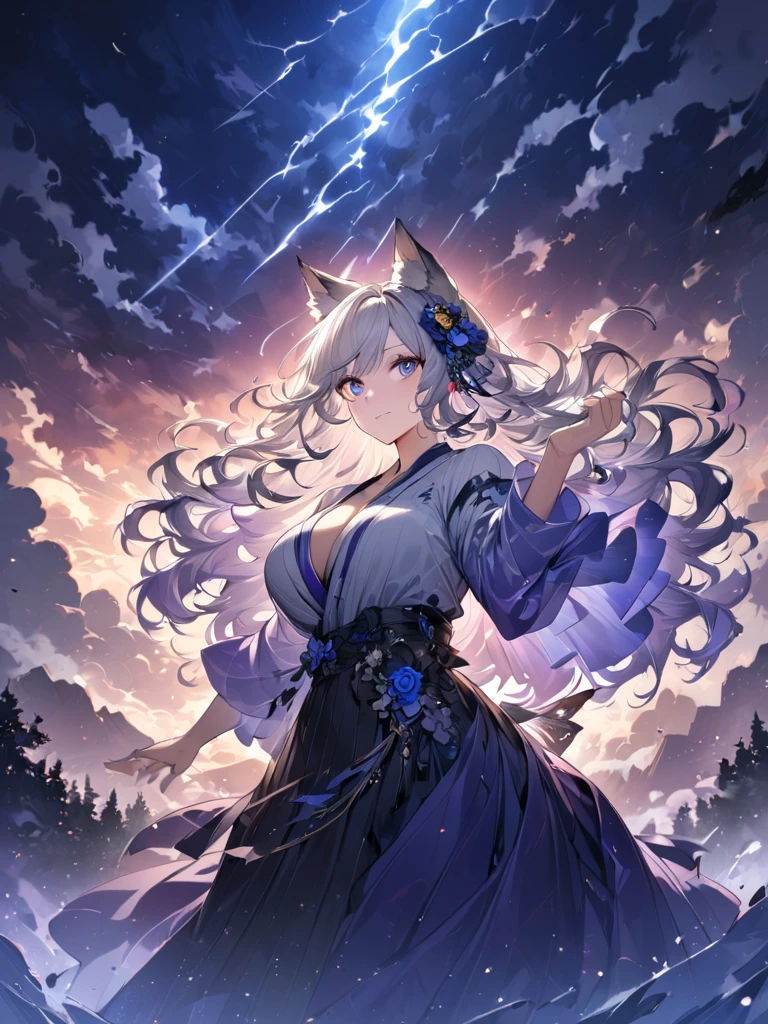 PEAnimeBG, wolf ears, Wolf Tail:1.2, masterpiece:1.3,  anatomically correct:1.3, nsfw,  Ultra High Definition:1.3,  high definition facial:1.3, 4K:1.3,  fantastic background:1.3, thunder, Ribbons, Clouds envelop the area ,  Women's Outlines Shine,super fine illustration:1.2,  1 adult woman:1.3, solo:1.3,  cute face,  silver hair:1.3,  long hair:1.3,  big eyes, fair skin:1.2,  glamorous ,  big breasts:1.2,  female panther pose , break,  A gorgeous kimono reflecting the landscape where clouds surround the area:1.3,  The color of the kimono is gradation,Rose hair ornament:1.2,  sexy,  perfect body for a lawn, Slim Style, Transparent hair:1.2,   hair color gradation ,  Fine particles of light are scattered all over the hair,  detailed face :1.3, Blue Earrings:1.1,Thick black outline:1.3