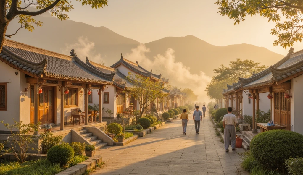 Warm colors，In the morning light of the Tang dynasty，a peaceful village，Cooking smoke rises 。