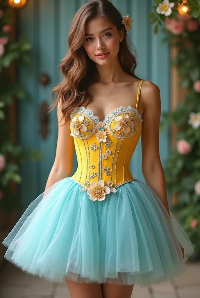 Glamorous short romantic style dress with multi-layered skirt in light blue tulle with sparkles, gliter, diamond that does not go past the knee and yellow corset at the waist with a neckline between the bust with bipiur embroidered lace and many highlighted yellow and light blue flowers throughout the 3d corset and rhinestones and with elegant floating sleeves