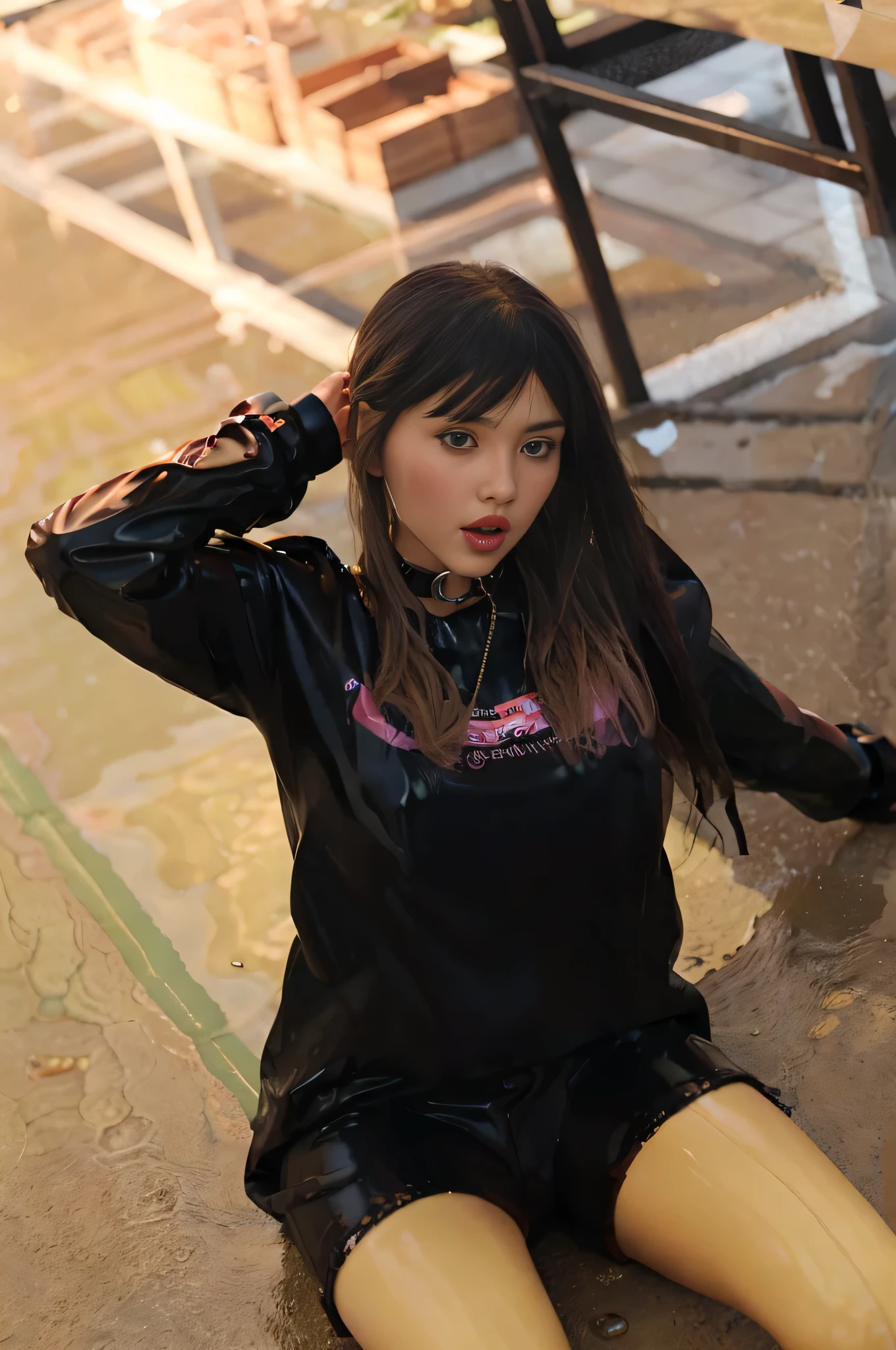 ((Best quality, ultra quality, ultra detailed, 8K, Masterpiece:1.3, 1 girl)), wet clothes, wet body, high quality, best quality, extremely detailed, Ultra quality, ultra detailed, masterpiece, 4K quality, Latex skin, lovedoll, sexdoll, shinny latex sexdoll skin, sexdoll eyes, transparent latex clothes, nsfw, sexdoll lips, sexdoll vagina, sexdoll nipples, sitting on ground, metal collar with leash