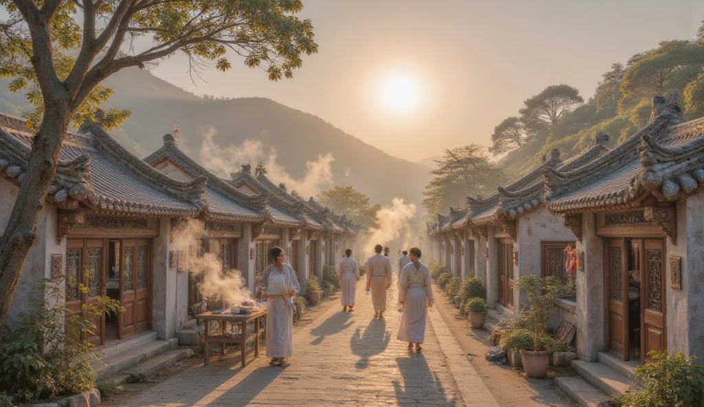 Warm colors，In the morning light of the Tang dynasty，a peaceful village，Cooking smoke rises 。