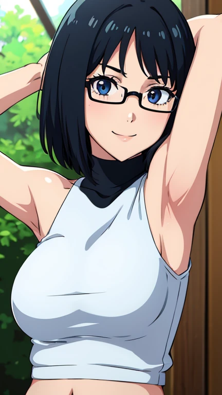 1girl, (best quality:1.5), (highres:1.5), short hair, glasses, ((masterpiece)), black thighhighs, looking at viewer, nude, huge breasts, nipples, bedroom, black hair, blush, topless, wide hips, facing viewer, smile, pussy, arm warmers, black eyes, sitting, on bed, nervous smile, sweat