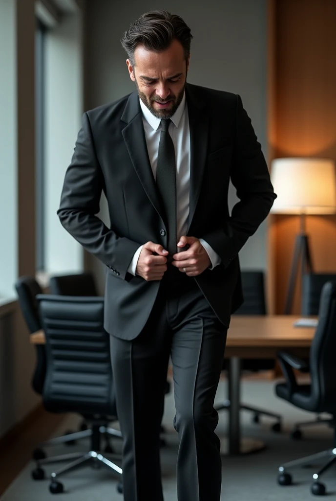 A sexy british male model, with gorgeous face and stylish black hair and short beard wearing a suit, homoerotic, nsfw,in office, (penis)