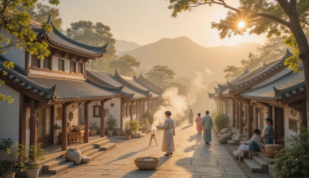 Warm colors，In the morning light of the Tang dynasty，a peaceful village，Cooking smoke rises 。