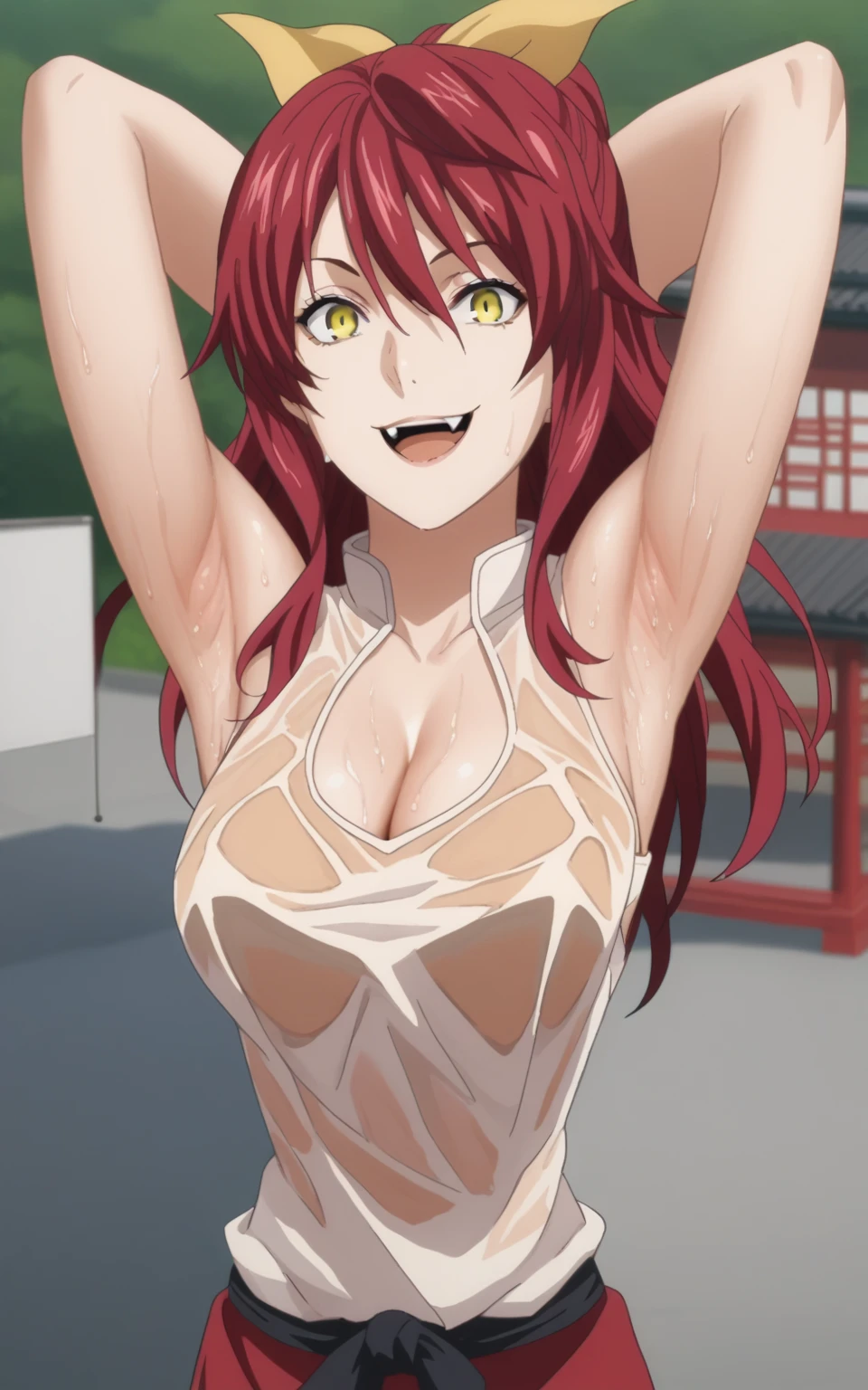 score_9, score_8_up, score_7_up, source_anime, anime screencap, 1girl, solo, kobayashi rindou, long hair, red hair, yellow eyes, hair bow, red chinese dress, sleeveless, cleavage, bare shoulders, bare arms, arms behind head, armpits, from above, looking at viewer, head towards viewer, smile, large breasts, opened mouth, fang teeth, badhandv4, outdoors, chinatown, detailed armpits, sweaty armpits, wet shirt armpits