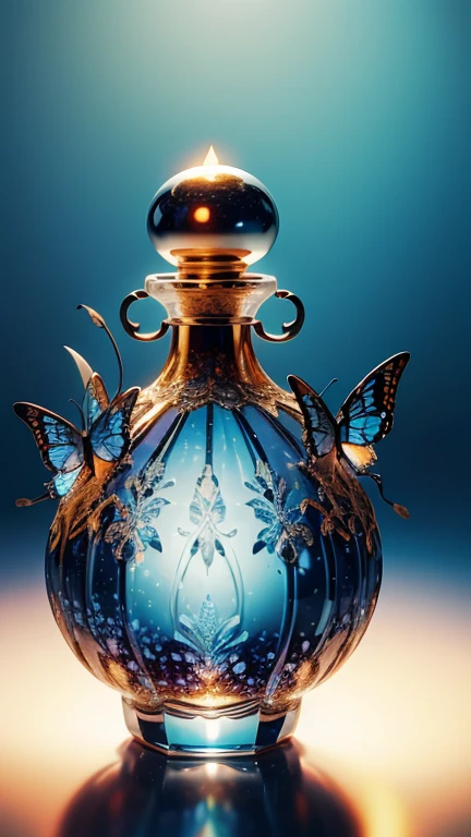  beautiful perfume bottle　 greatest masterpiece　 High Quality 　High Precision　black silhouette 、Silver Background　blue and orange butterflies々 black silhouette interspersed with gold butterflies 　、Bright lighting　container design 、 delicate design 　A masterpiece 