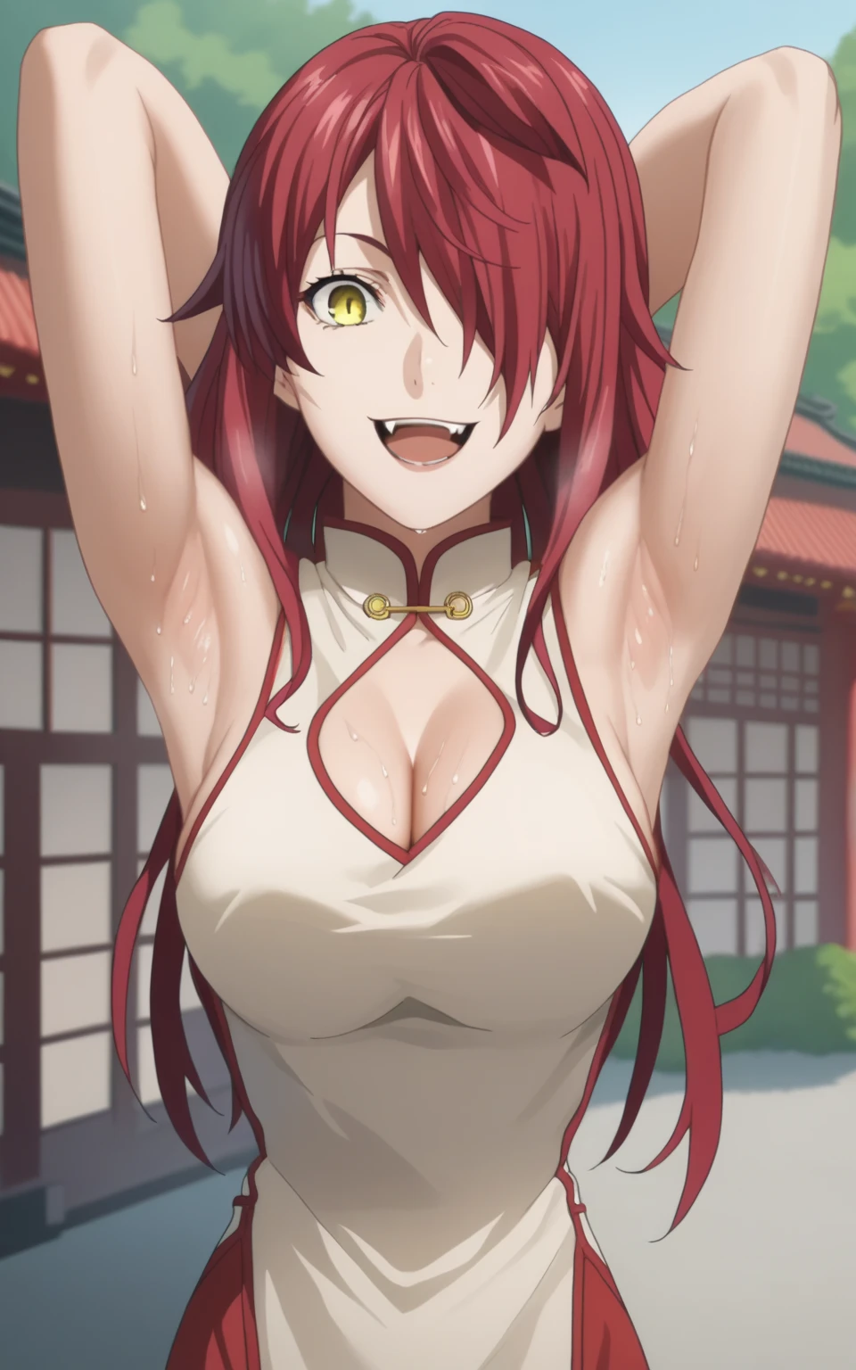 score_9, score_8_up, score_7_up, source_anime, anime screencap, 1girl, solo, kobayashi rindou, long hair, red hair, yellow eyes, hair bow,red chinese dress, sleeveless, cleavage, bare shoulders, bare arms, arms behind head, armpits, from above, looking at viewer, head towards viewer, smile, large breasts, opened mouth, fang teeth, badhandv4, outdoors, chinatown, detailed armpits, sweaty armpits,