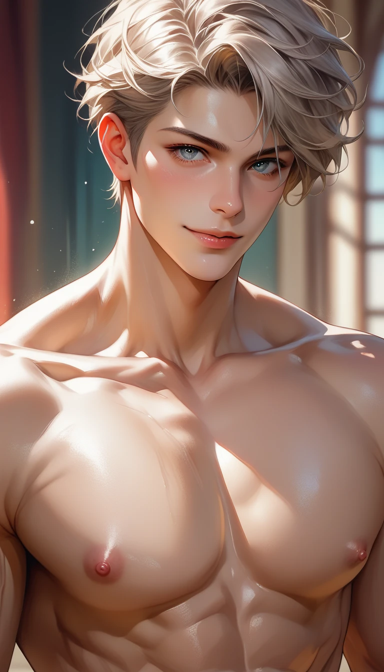  smiling blond boy,  high quality , American 20 years old /o man,  detailed eyes , short gray hair, abs, naked,  dark shiny skin ,  detailed puffy nipples ,  looks at the viewer,  upper half body,  blond hair