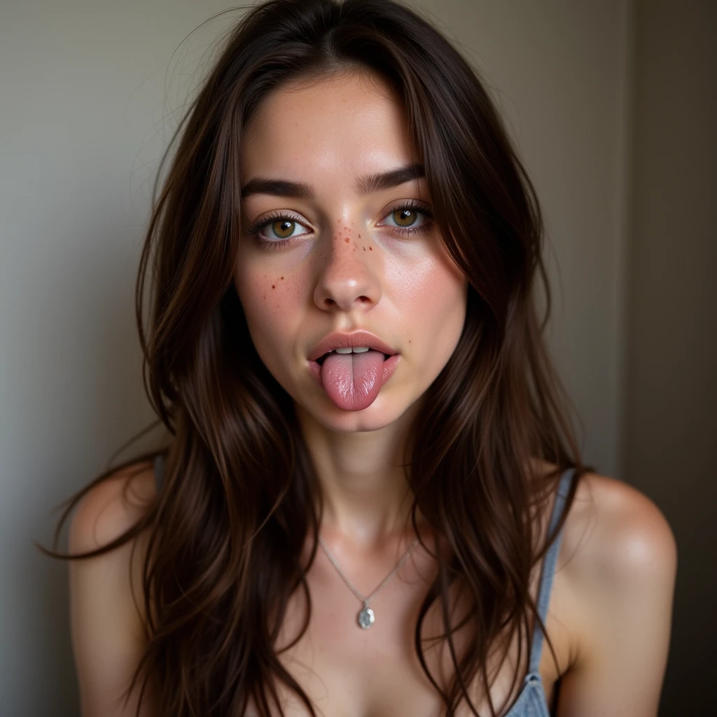 Isabella, isabella 22 years old, with long brown hair and white skin, showing her tongue 