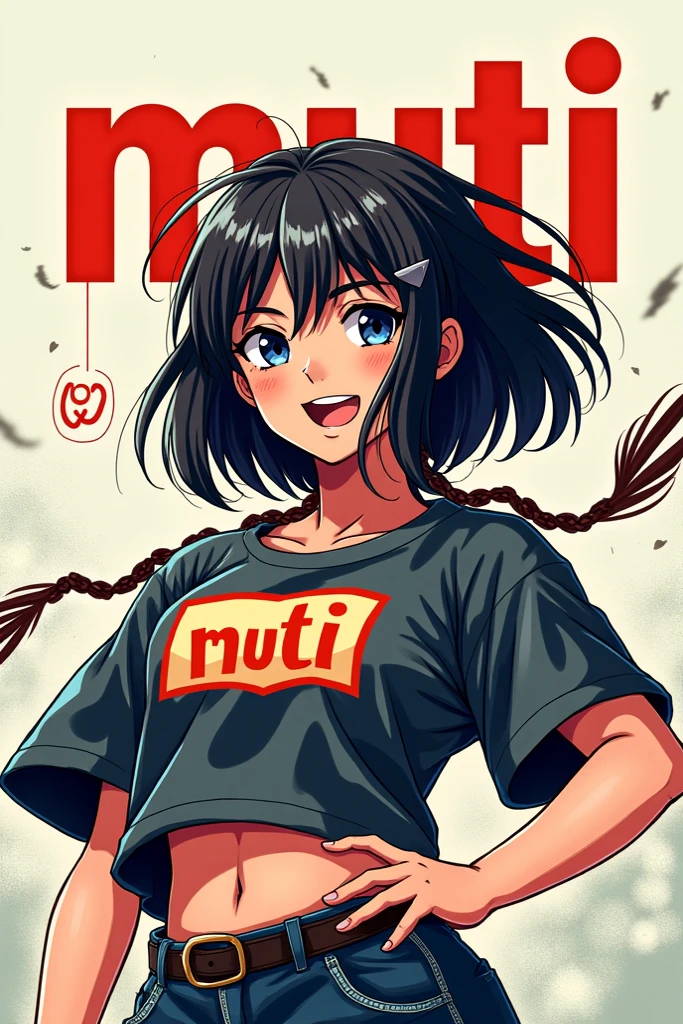 shirtMega, 1girl, breasts, black hair, brown_eyes, hairclip, large breasts, hair ornament, smile, grin, long hair, shorts, leaning forward, poseMega, <lyco:MegaMilkV1-25:0.9>, clothes_writing, impossible_clothes, (breast_lift, grabbing_own_breasts:0.8)