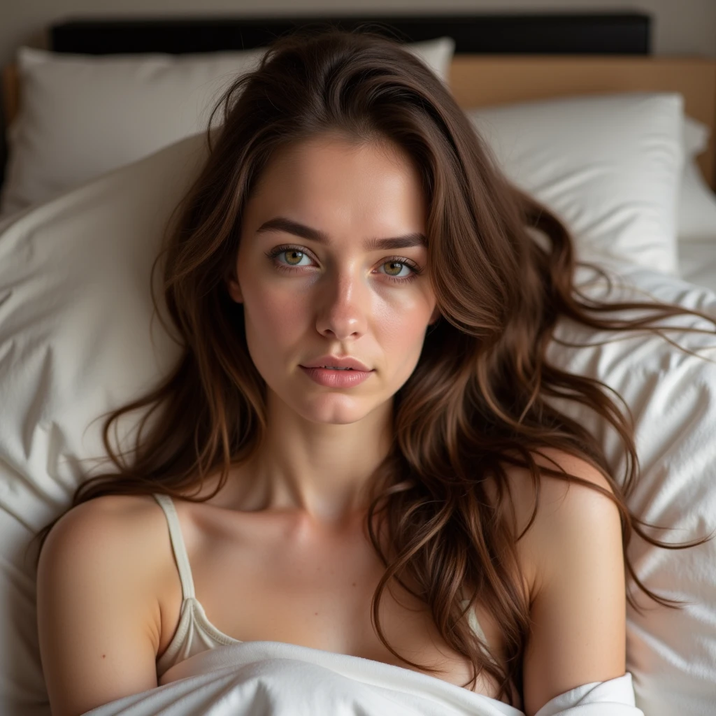 Selfie of Isabella, isabella 22 years old, with long brown hair and white skin, in bed with sleepy face