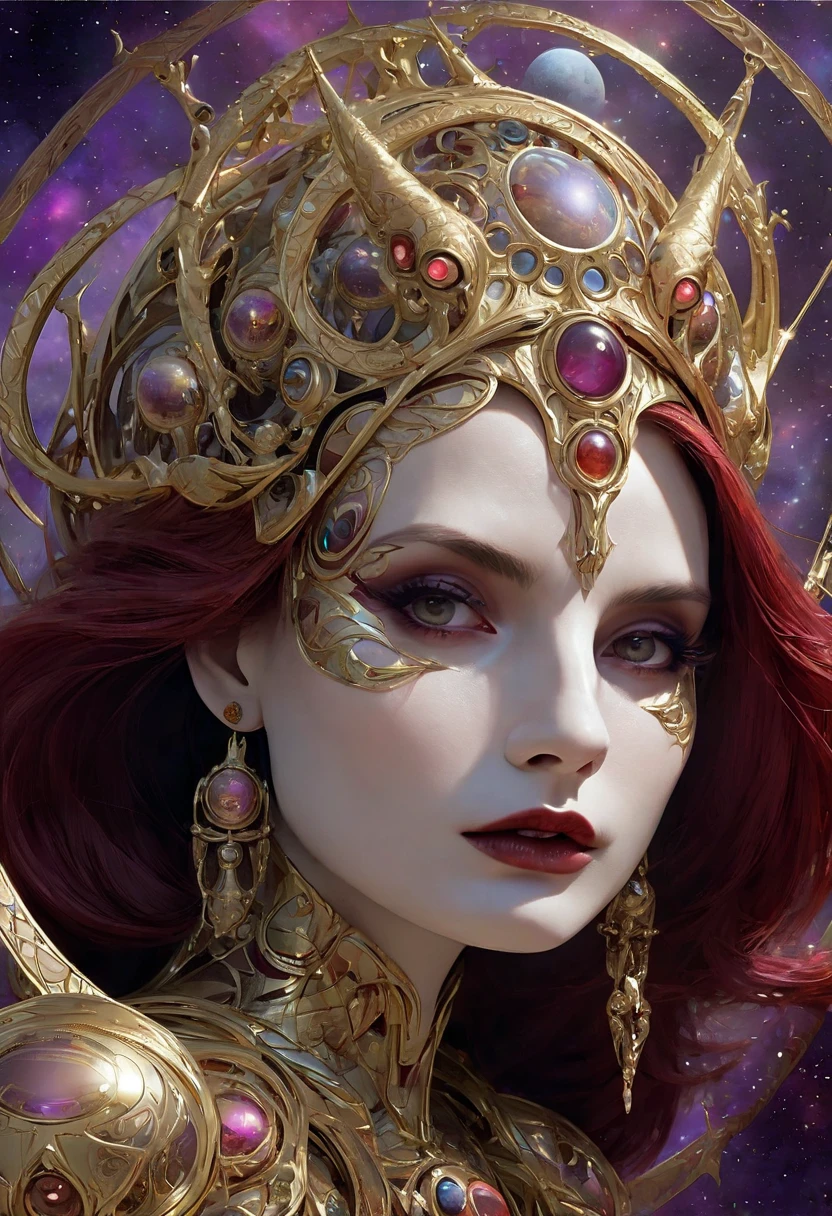 (absurdres, highres, ultra detailed), 1girl, zodiac sign - Virgo goddess , solo, mature, Baroque, long dress, long sleeve, elegant, colorful, highest detailed, upper body , sunset hair . Fire eyes . Brave, willful, productive, enterprising humanitarian face .