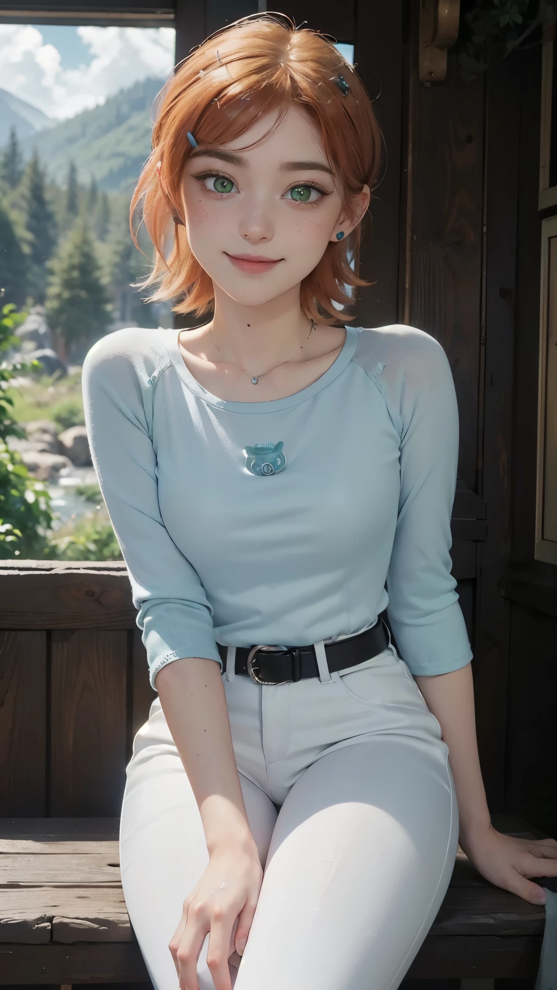 Gwen tennyson,(best qualityer,4K,8k,high resolution,work of art:1.2)(weather: cloudy), forest mountain background, forest road, freckles, white top cat logo, blue sleeves, white capri pants, white sneakers, hair pin, winter belt, eyeliner, short hair, ginger hair, ultra detailed, realistic,portraite,beautiful detailed green eyes, glowing eyes,blush,beautiful detailed lips,extremely detailed eye and face, long eyelashes,sexly,average, large breasts,beaming smile, flirty smile,powerful girl, sexy pose, stunning curves,bright coloured,dramatic lighting,