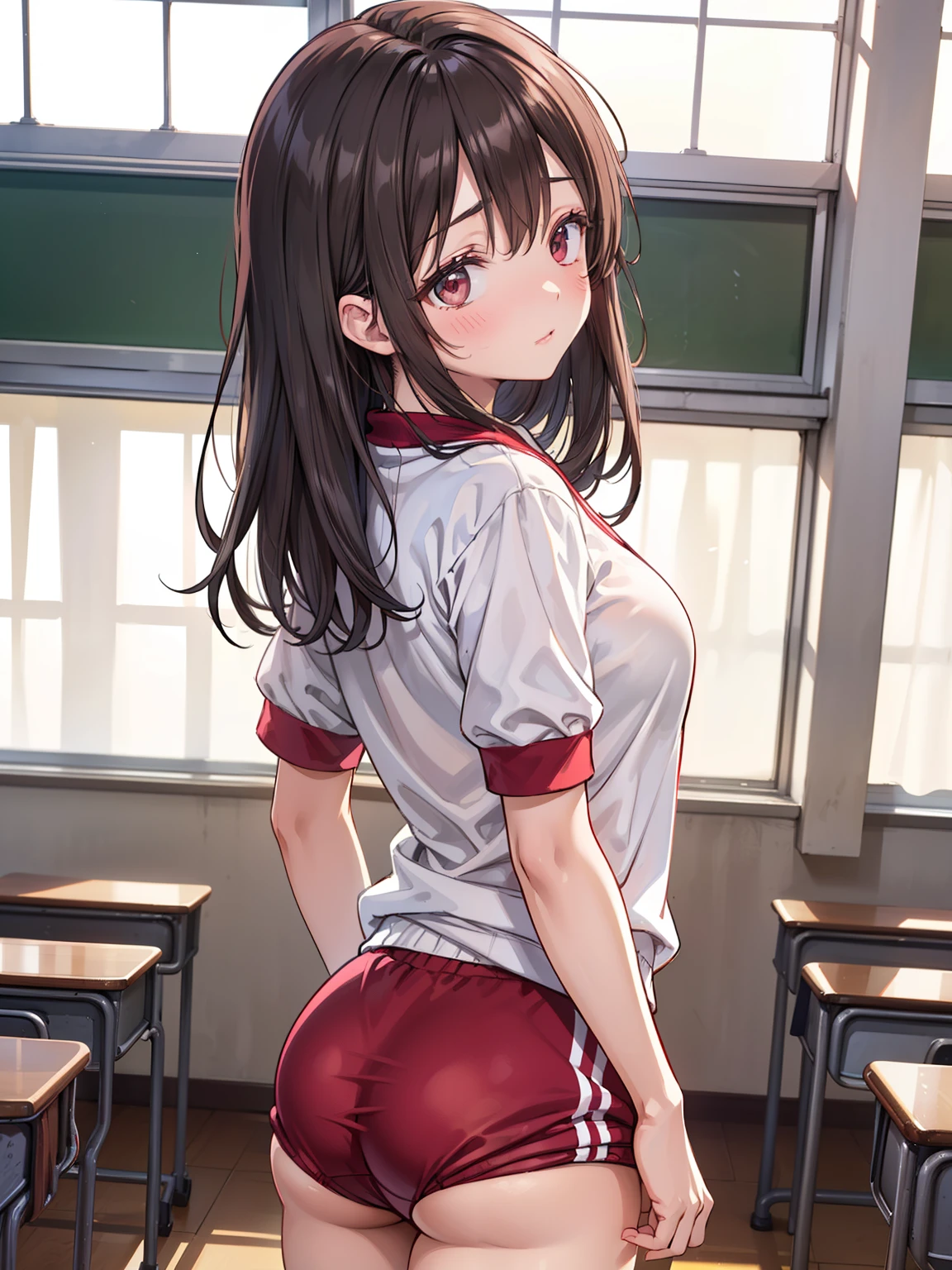 8k、High resolution、masterpiece、realistic、In detail、fine texture、cowboy shot、high contrast、alone、high school girl、natural body shape、white skin、natural makeup、black hair、bangs、straight long hair、Moist eyes、((School-specified gym clothes))((The upper body is a white gym uniform、long length、short sleeve、Contains wine red lines))、((The lower body is wine red tight bloomers))、、big breasts、、((The upper body is wearing gym clothes))、((The background is a school classroom))、looking at camera、pay attention to the butt、Thighs are exposed、turn around and look at me backwards、((Butt that bloomers dig into、thighs))、Sticking his butt out here