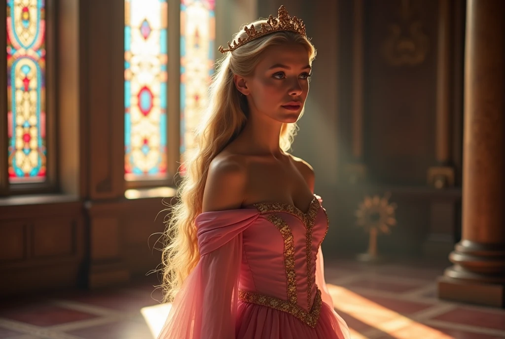 White Blonde hair, fluffy hair, stylish hair, long hair, lilac eyes, perfect eyes, beautiful, perfect face, tween, , short, kind, curvy, a flowing pale airy gown with ruffles along the bottom with tiny pink flowers and gold dragon embroideries with flowers, Her tiara had a pretty teal gemstones, silver necklace, noble class, royal, royalty, red castle, feasting hall, medieval, elegant surroundings, soft dewy makeup look, light peach blush, soft tan eyeshadow, light coral lipstick, cutesy, girlish, girly, guileless, ingénue, princess , whimsical lighting, Targaryen, dragons in the sky, photorealistic
