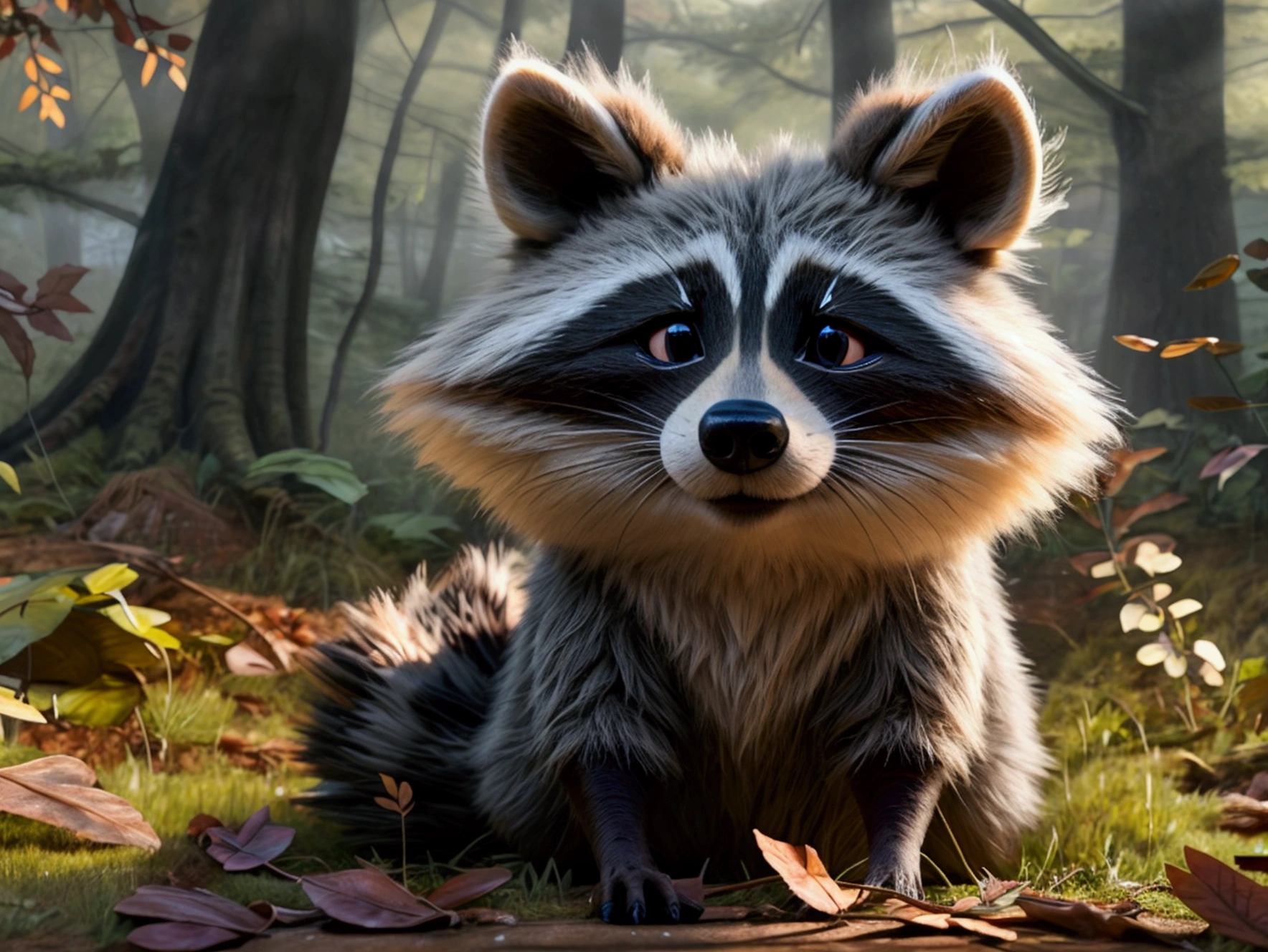 high quality,4k,8k,hyperrealistic,(Meeko the raccoon,raccoon character,gray fur,furry animal,fuzzy creature),(detailed realistic depiction),(photorealistic rendering),(natural environment,forest scene,woodland,tree leaves,grass),(lifelike textures,highly detailed anatomy),adorable expression,curious look,mischievous pose,ambient lighting,dramatic shadows