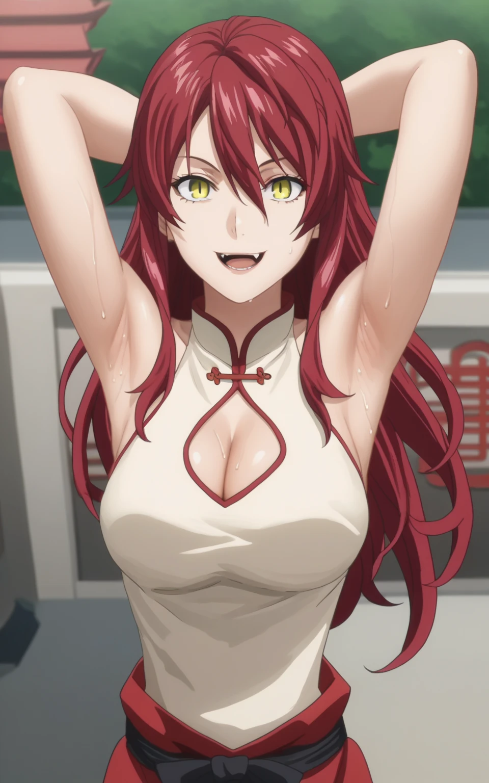 score_9, score_8_up, score_7_up, source_anime, anime screencap, 1girl, solo, kobayashi rindou, long hair, red hair, yellow eyes, hair bow, red outfit, red chinese dress, dragon paint dress, sleeveless, cleavage, bare shoulders, bare arms, arms behind head, armpits, from above, looking at viewer, head towards viewer, smile, large breasts, opened mouth, fang teeth, badhandv4, outdoors, chinatown, detailed armpits, sweaty armpits,