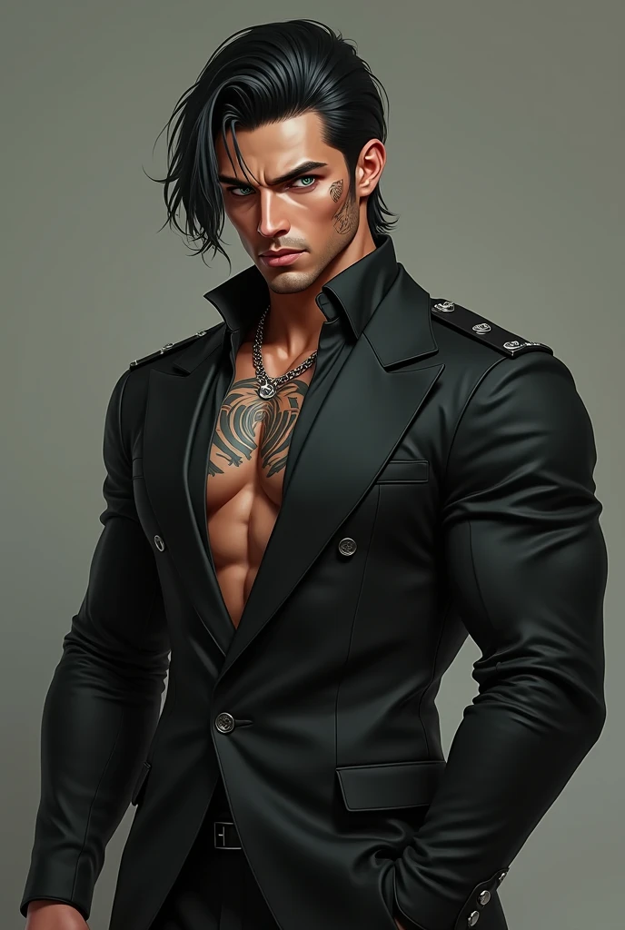 (homem sem camisa &1) , (forte &1.2) , (cabelo preso &1.1) , (jaqueta de couro roqueiro &1.3), (homem tatuado &1.2), cidade , entardecer, Front view, luminosidade