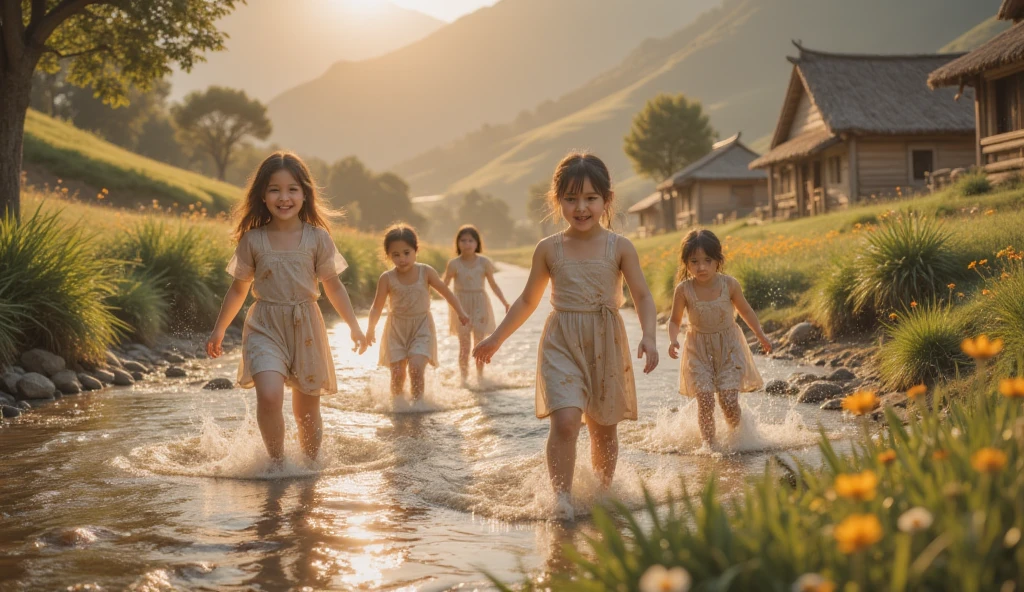 The camera moves slowly，Girls and boys play by the small river at the head of the village， the sun shines on them 。