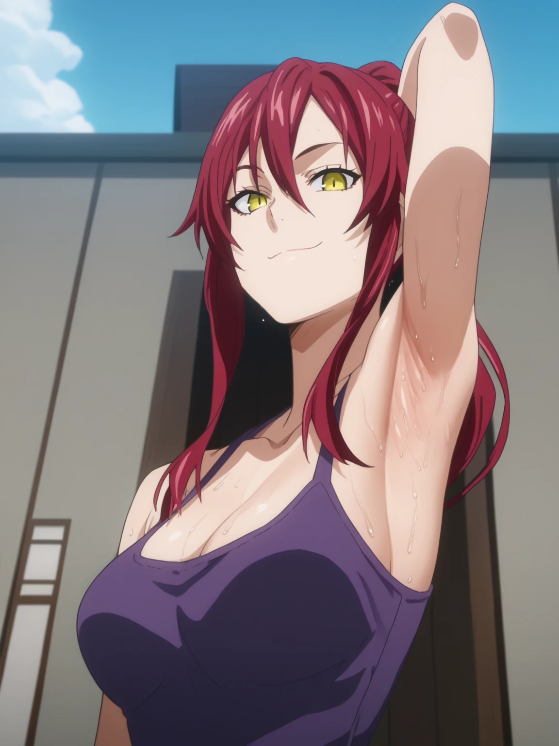 score_9, score_8_up, score_7_up, source_anime, anime screencap, 1girl, solo, rindou kobayashi, long hair, ponytail, red hair, yellow eyes, large breasts, purple outfit, arm behind head, armpit, armpit focus, from side, (from below:1.1), looking at viewer, head towards viewer, smile, closed mouth, badhandv4, outdoors, day, sweaty armpits, sweating