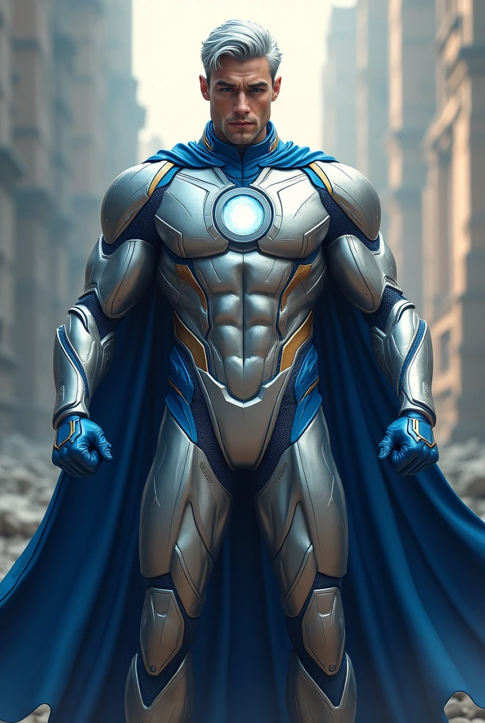 Gender Male, Silver Superhero Suit Blue and Gold Stripes, Blue Cape, Blue Gloves, Circle Emblem, Glowing Silver Eyes, Silver Hair