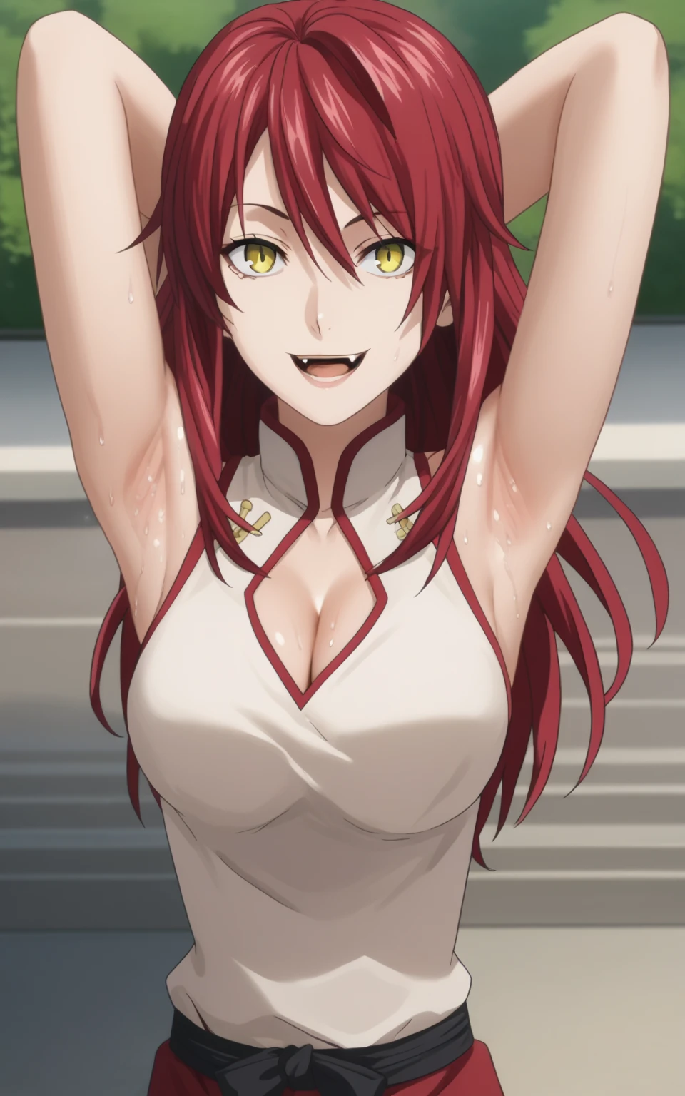 score_9, score_8_up, score_7_up, source_anime, anime screencap, 1girl, solo, kobayashi rindou, long hair, red hair, yellow eyes, hair bow, red outfit, red chinese dress, sleeveless, cleavage, bare shoulders, bare arms, arms behind head, armpits, from above, looking at viewer, head towards viewer, smile, large breasts, opened mouth, fang teeth, badhandv4, outdoors, chinatown, detailed armpits, sweaty armpits,