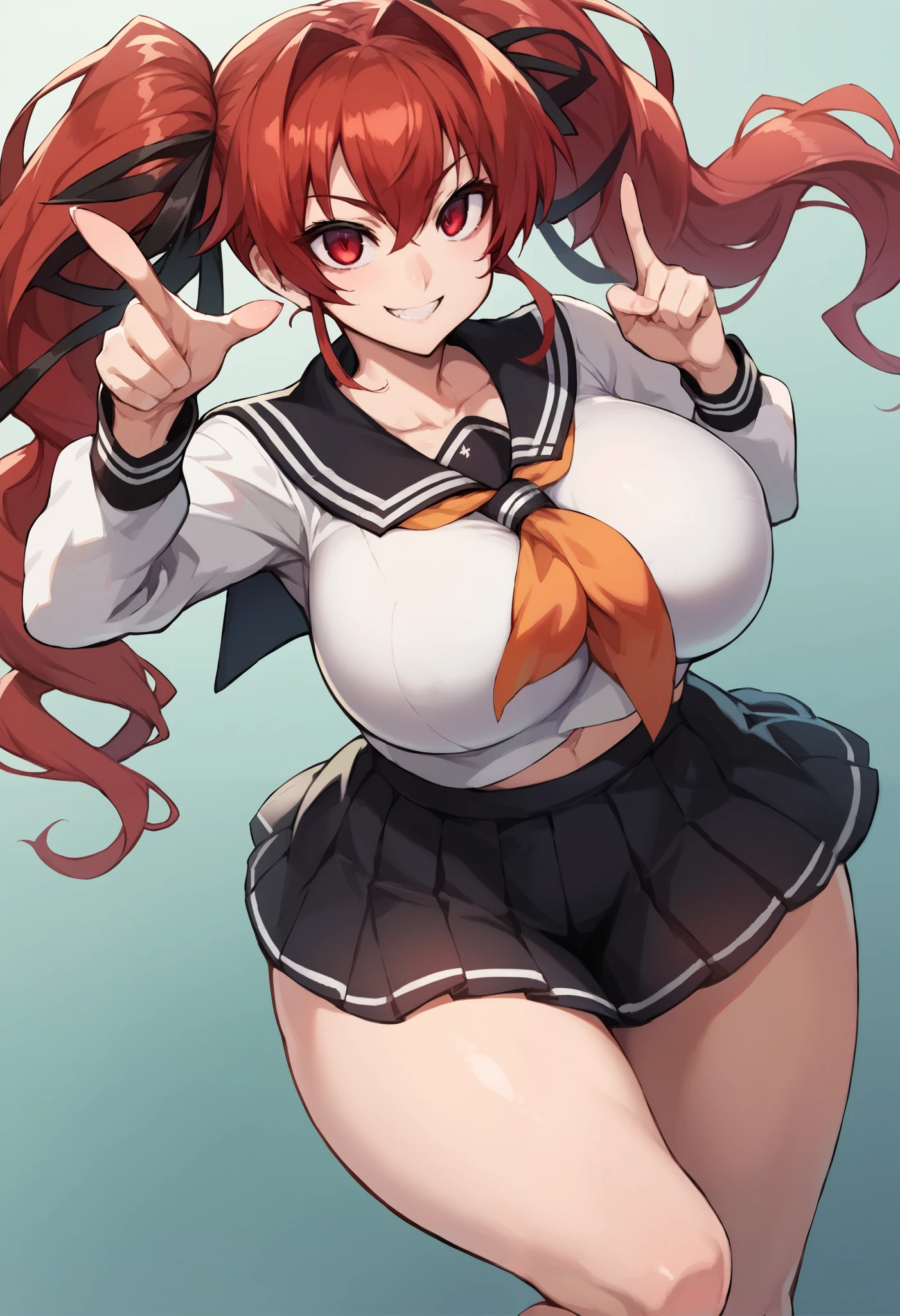 score_9, score_8_up, score_7_up, source_anime, 1girl,red eyes,smile, simple background, red hair, red eyes, huge breasts, thick thighs, wide hips, school uniform, serafuku, pointing to viewer, looking at viewer, smile, dynamic pose, long hair, twintails, black ribbon