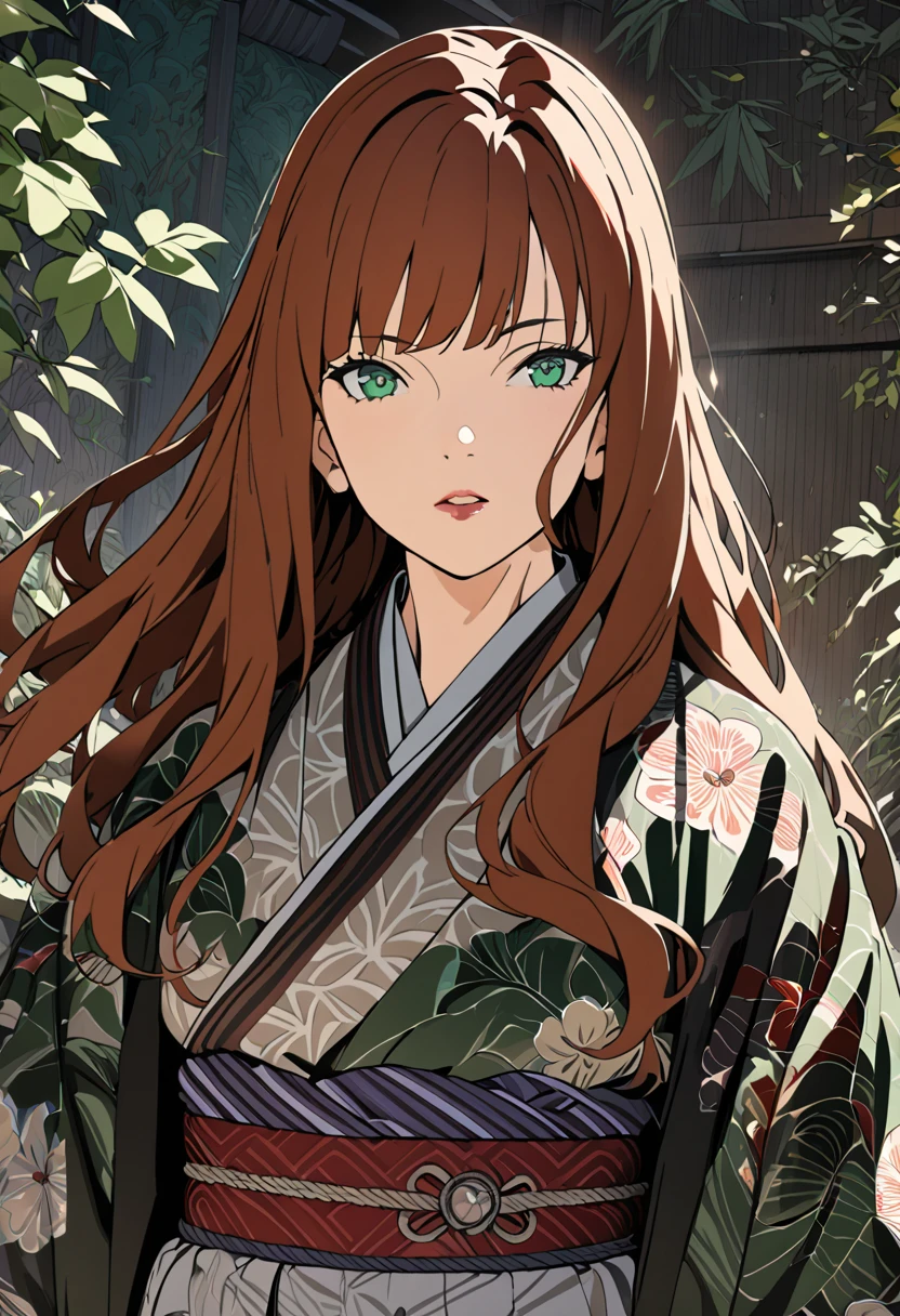 a woman with long red wavy hair and bangs, green eyes, walking and wearing a wide floral kimono with a sash at the waist, full body art, (best quality,4k,8k,highres,masterpiece:1.2),ultra-detailed,detailed eyes,detailed lips,detailed face,longeyelashes,beautiful detailed portrait,elegant kimono,intricate floral pattern,natural lighting,rich colors,serene expression,graceful pose,lush garden background