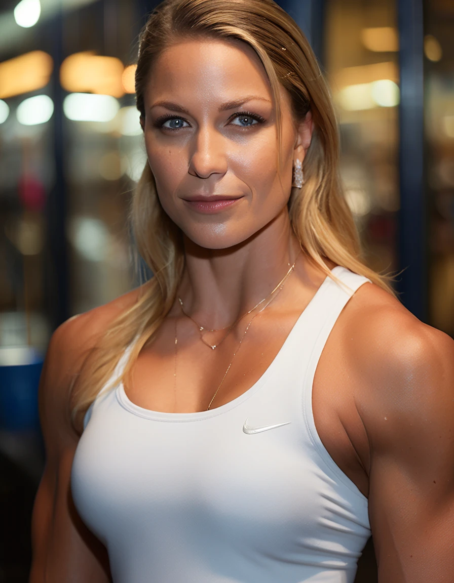 cinematic photo close-up portrait photography of a beautiful (((mlssbnstkara bodybuilder woman))) at tourist information center , during Night , Nikon Z9  . 35mm photograph, film, bokeh, professional, 4k, highly detailed