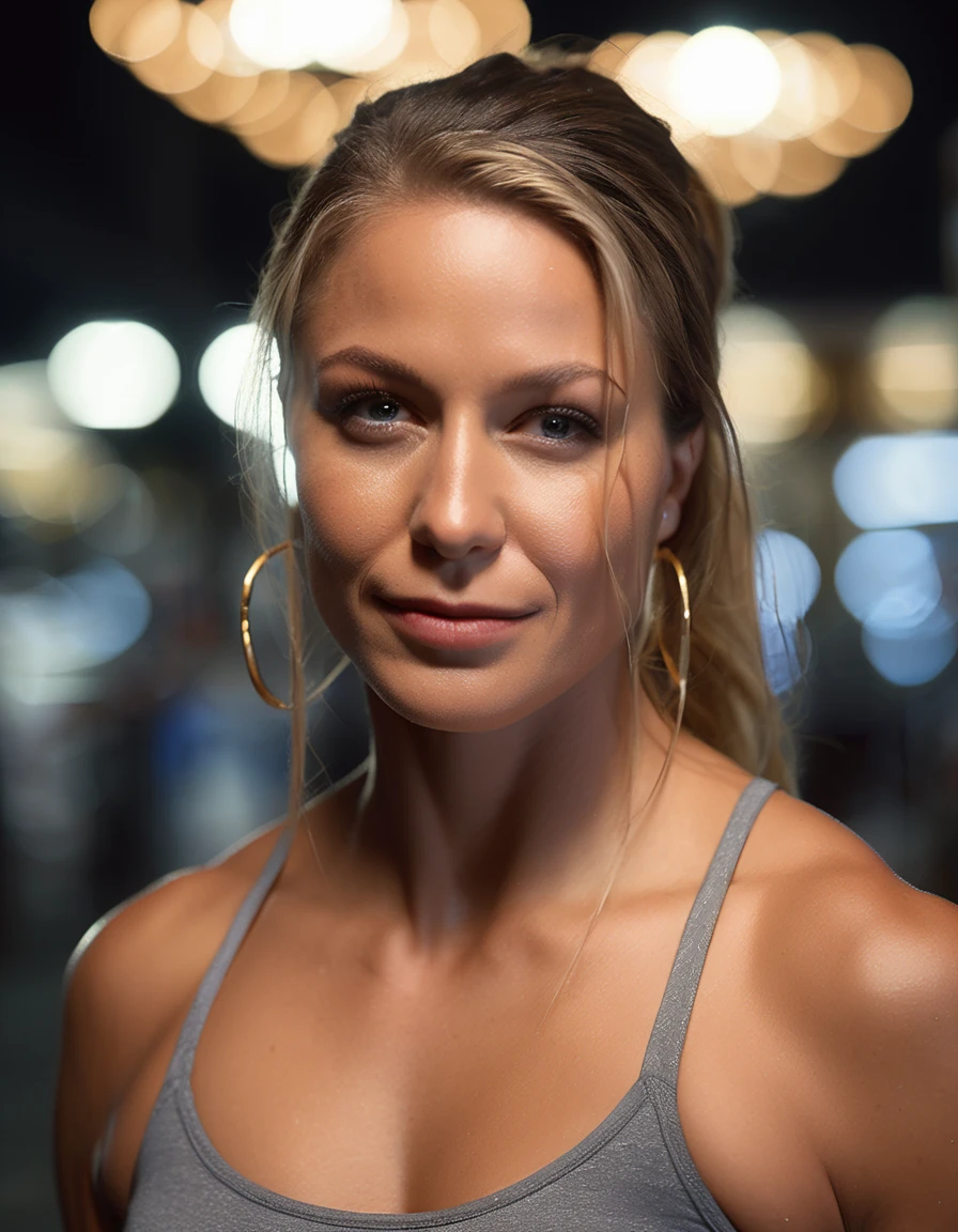 cinematic photo close-up portrait photography of a beautiful (((mlssbnstkara bodybuilder woman))) at tourist information center , during Night , Nikon Z9  . 35mm photograph, film, bokeh, professional, 4k, highly detailed